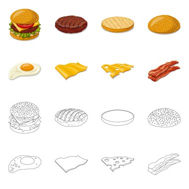 Burger ve sandviç simgesi yalıtılmış nesne. Web için burger ve dilim hisse senedi simgesi kümesi.