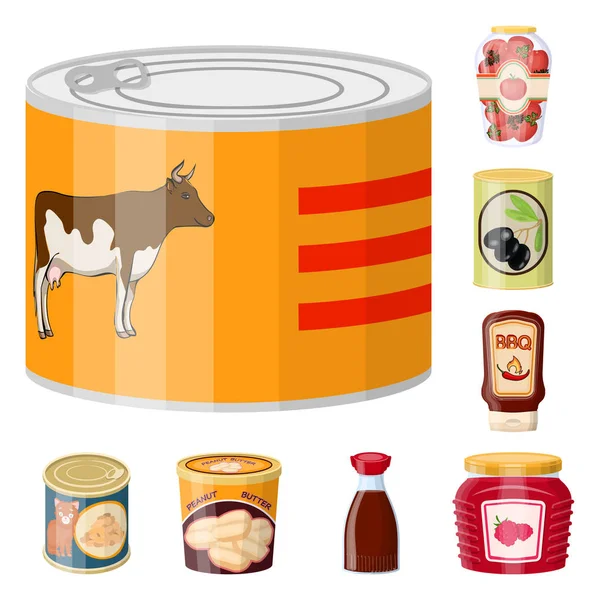 Isolated object of can and food sign. Collection of can and package stock vector illustration. — Stock Vector