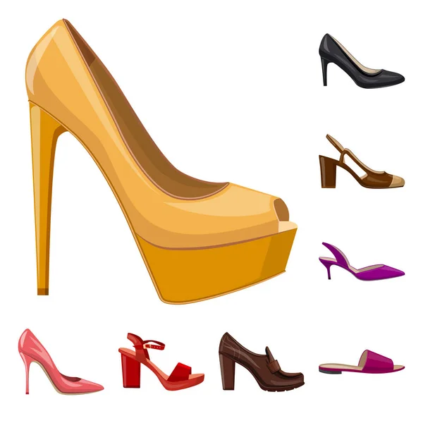Lábbeli és nő logó vektoros illusztráció. Gyűjteménye cipő és láb vektor stock illusztráció. — Stock Vector
