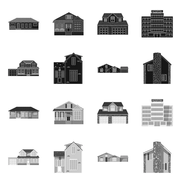 Διάνυσμα σχεδιασμό του κτηρίου και μπροστινή πινακίδα. Συλλογή του κτιρίου και στέγης εικονογράφηση διάνυσμα απόθεμα. — Διανυσματικό Αρχείο