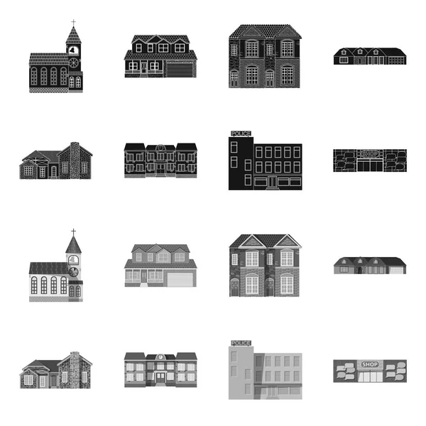 Diseño vectorial de edificio y cartel frontal. Colección de ilustración de vectores de edificios y techos . — Vector de stock