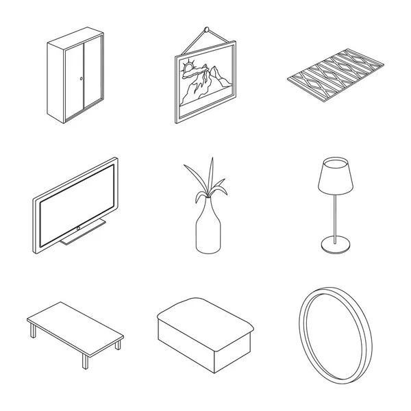 Vector ontwerp van de slaapkamer en kamer logo. Aantal slaapkamer en meubelen vector pictogram voor voorraad. — Stockvector