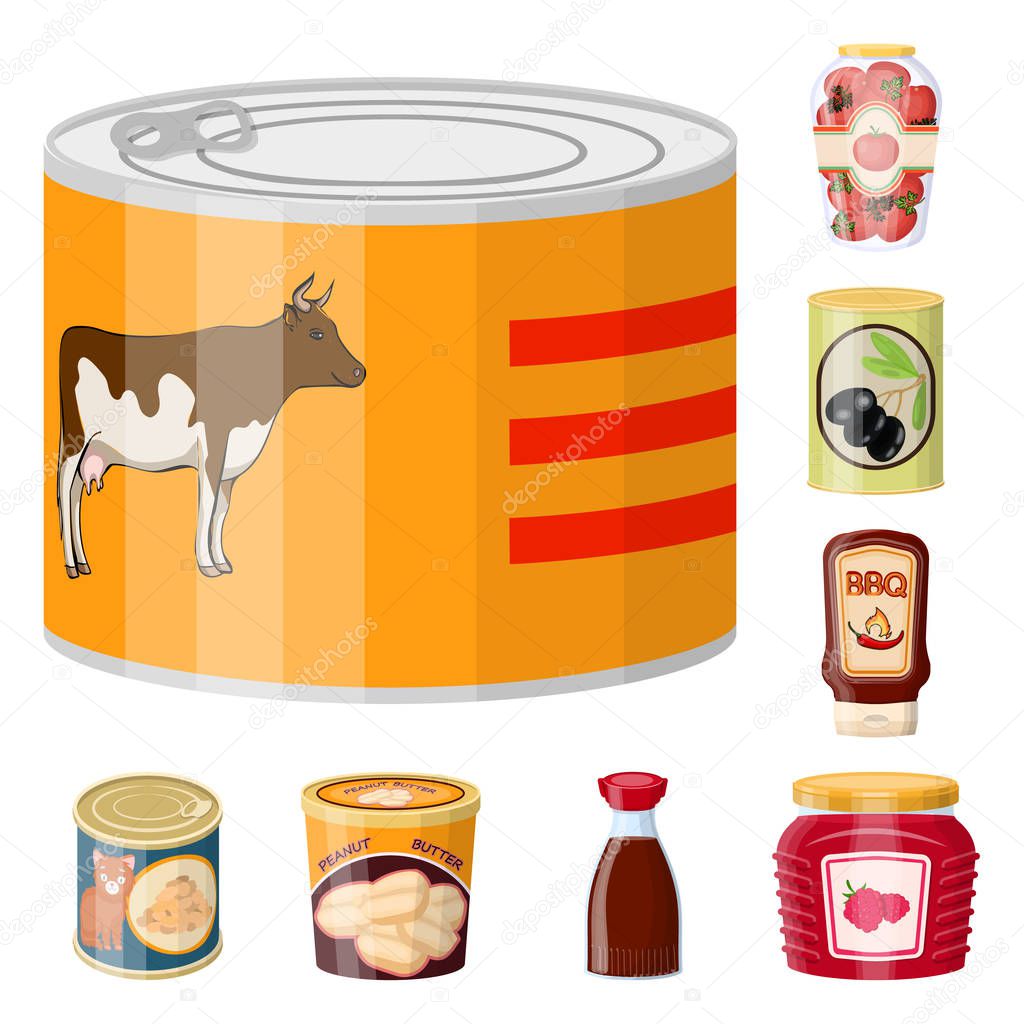 Vector design of can and food logo. Set of can and package vector icon for stock.