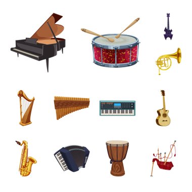 Müzik ve şarkı simgesi yalıtılmış nesne. Müzik ve aracı hisse senedi vektör çizim seti.