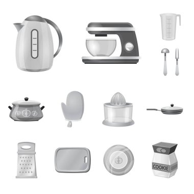 İllüstrasyon işareti mutfak ve aşçı, vektör. Mutfak ve cihaz hisse senedi vektör çizim topluluğu.