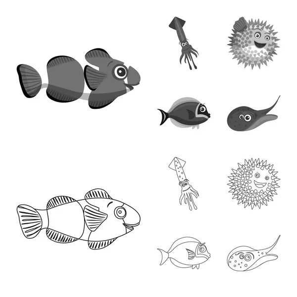Diseño vectorial del icono del mar y los animales. Conjunto de ilustración de vectores marinos y marinos . — Vector de stock