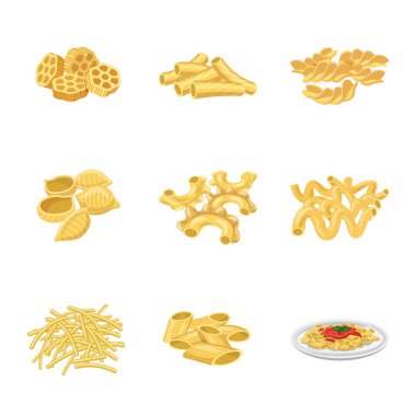 Makarna ve karbonhidrat simge vektör tasarımı. Web için makarna makarna ve hisse senedi simgesi kümesi.