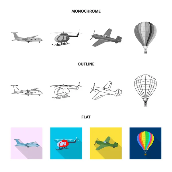 Vectorillustratie van pictogram vliegtuig en vervoer. Set van vliegtuig en hemel vector pictogram voor voorraad. — Stockvector