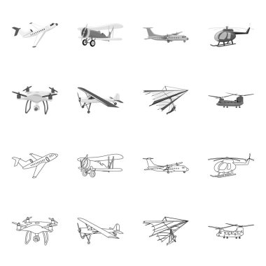 Uçak ve taşıma logo vektör Illustration. Web için uçak ve gökyüzü hisse senedi simgesi kümesi.