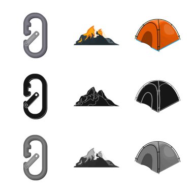 Dağcılık ve tepe simge vektör tasarımı. Dağcılık ve kamp kümesi web için hisse senedi simgesi.