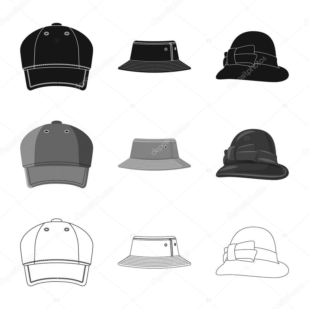Vector design of headgear and cap icon. Set of headgear and accessory vector icon for stock.