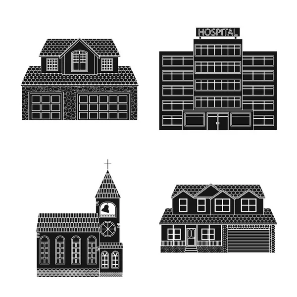 建筑物和前标志的矢量设计。大厦和屋顶股票载体例证的汇集. — 图库矢量图片