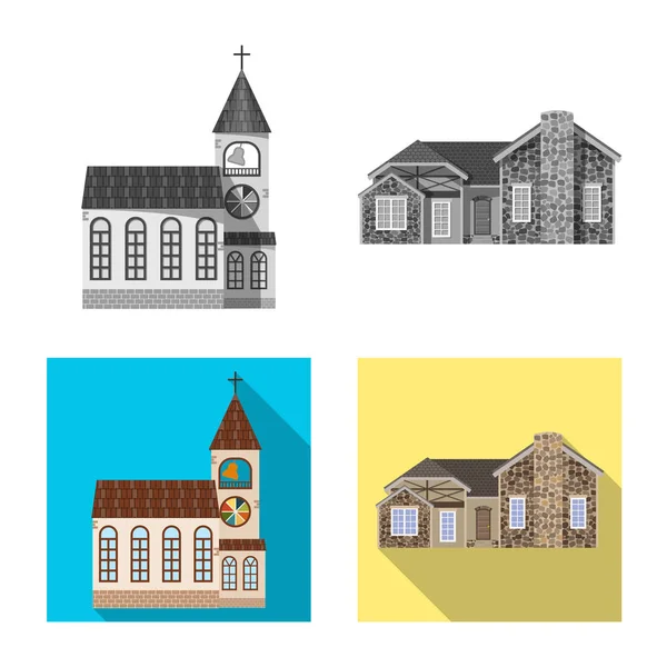 Vektorillustration des Gebäudes und des vorderen Logos. Sammlung von Vektor-Abbildungen für Gebäude und Dachbestände. — Stockvektor