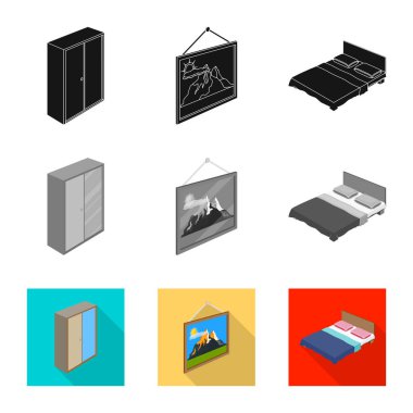 Yatak odası ve oda simge yalıtılmış nesne. Web için yatak ve mobilya hisse senedi simgesi kümesi.