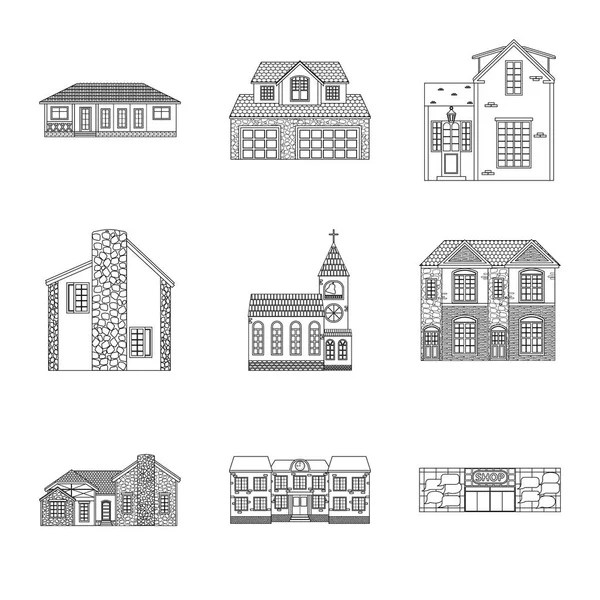 Vektorillustration des Gebäudes und des vorderen Symbols. Set von Vektor-Abbildungen für Gebäude und Dach. — Stockvektor
