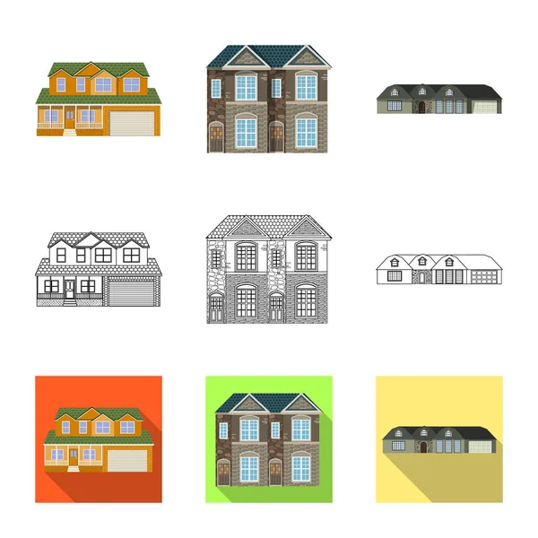 Vector illustratie van gebouw en voorkant logo. Set van gebouw en dak vector pictogram voor voorraad. — Stockvector