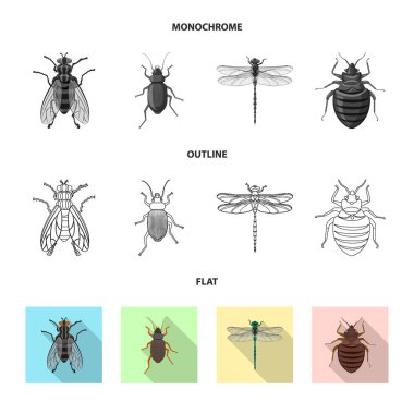 Böcek ve sinek logosu yalıtılmış nesne. Böcek ve öğe hisse senedi vektör çizim topluluğu.