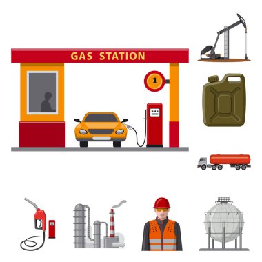 Petrol ve gaz logo yalıtılmış nesne. Petrol ve benzin hisse senedi vektör çizim seti.