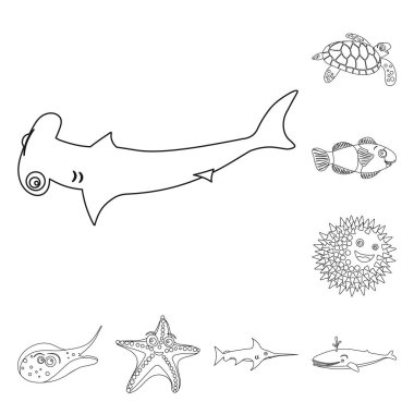 Deniz ve hayvan sembolü yalıtılmış nesne. Deniz ve deniz hisse senedi vektör çizim koleksiyonu.