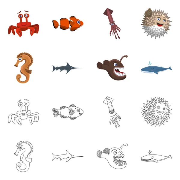 Diseño vectorial de mar y símbolo animal. Conjunto de símbolo de stock marino y marino para web . — Vector de stock