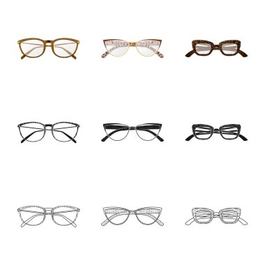 Gözlük ve çerçeve simge vektör Illustration. Gözlük ve hisse senedi için aksesuar vektör simge kümesi.