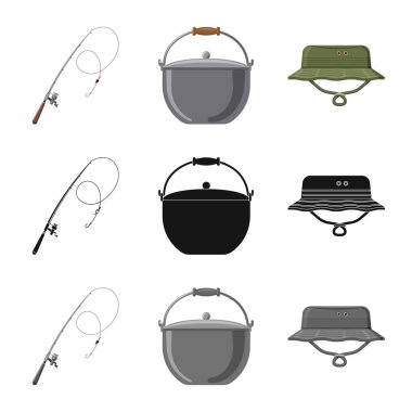 Balık ve balık tutma işareti vektör çizimi. Web için balık ve ekipman hisse senedi simgesi kümesi.