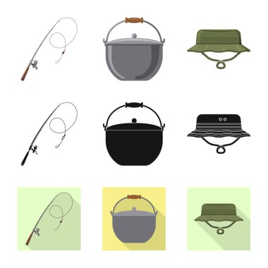 Balık ve balık tutma logo vektör çizimi. Balık kümesi ve hisse senedi için ekipman vektör simgesi.