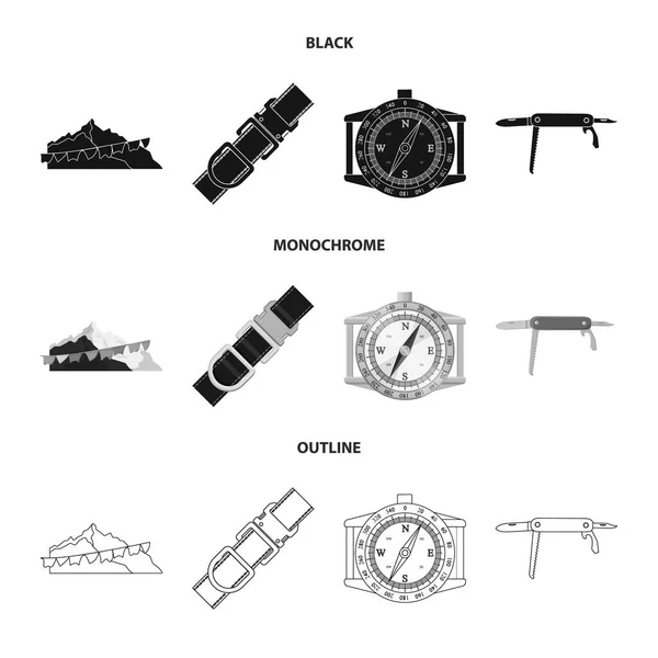 Изолированный объект альпинизма и пиковая икона. Набор векторных значков для альпинизма и кемпинга на складе . — стоковый вектор