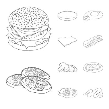 Burger ve sandviç işareti yalıtılmış nesne. Burger ve dilim hisse senedi vektör çizim seti.