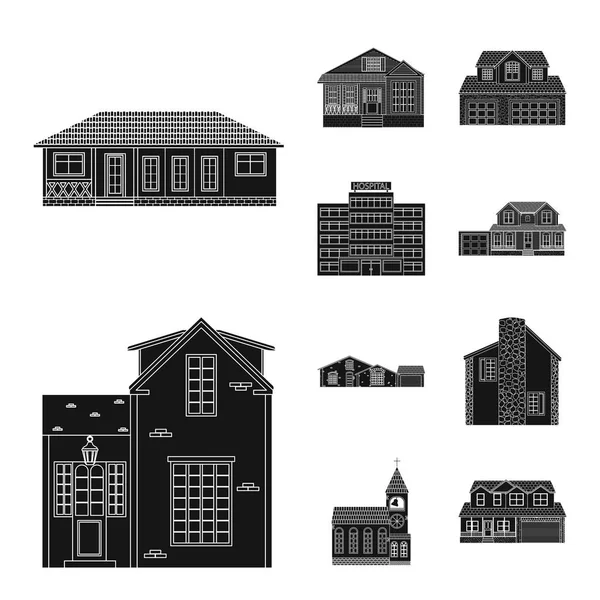 Diseño vectorial de edificio y logotipo frontal. Conjunto de icono de construcción y vector de techo para stock . — Vector de stock