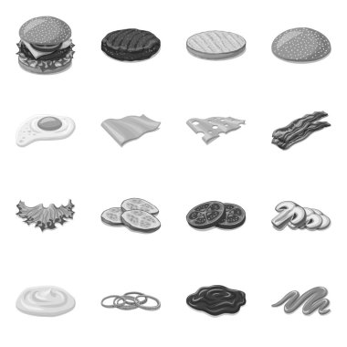 Burger illüstrasyon vektör ve işareti sandviç. Web için burger ve dilim hisse senedi simgesi kümesi.