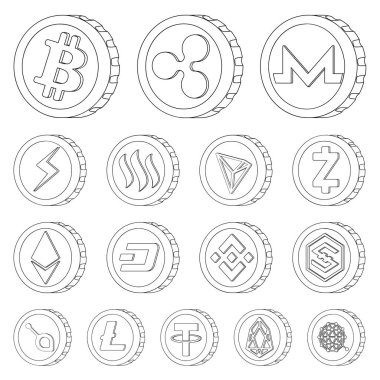 Cryptocurrency ve sikke simge yalıtılmış nesne. Cryptocurrency ve kripto hisse senedi vektör çizim.