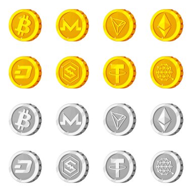 Cryptocurrency ve sikke simge vektör tasarımı. Cryptocurrency ve kripto hisse senedi vektör çizim koleksiyonu.
