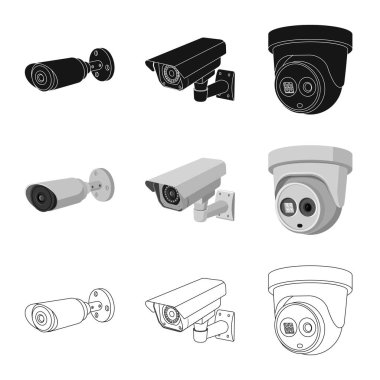 Cctv kamera simgesi vektör tasarımı. Web için cctv ve sistem hisse senedi simgesi kümesi.