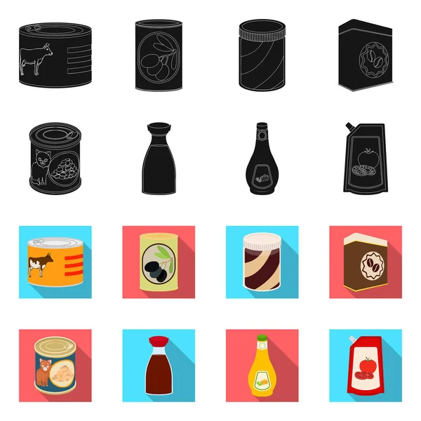 Ilustración vectorial de lata y logotipo de alimentos. Conjunto de ilustración de vectores de latas y paquetes . — Vector de stock