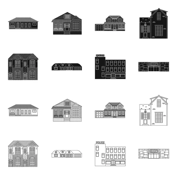 Vektor illustration av byggnaden och främre skylt. Uppsättning av byggnaden och taket vektor ikon för lager. — Stock vektor