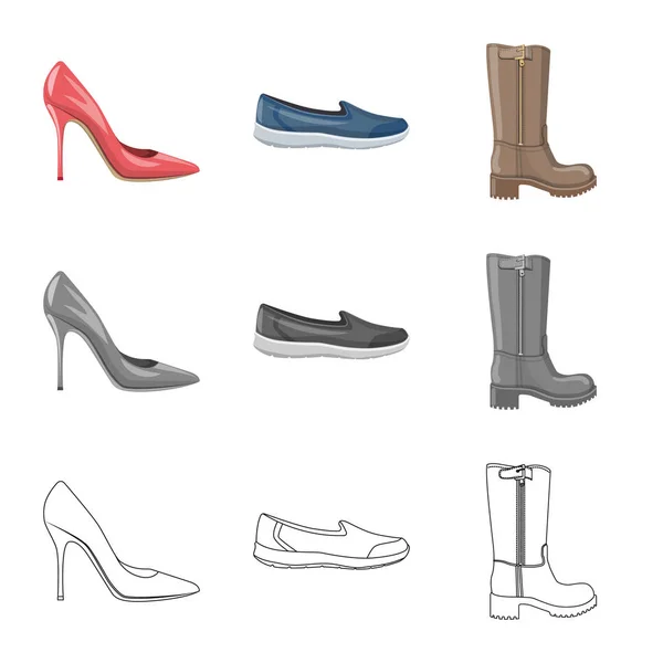 Vektorillustration av skodon och kvinna tecken. Uppsättning av skor och fot aktiesymbol för webben. — Stock vektor