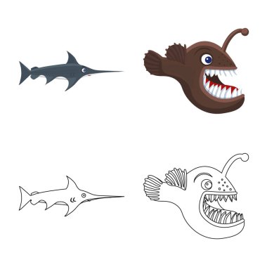 Deniz ve hayvan simge vektör Illustration. Deniz ve deniz hisse senedi vektör çizim koleksiyonu.