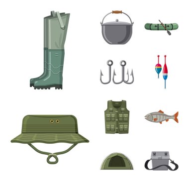 Balık ve balık tutma simge vektör tasarımı. Balık ve ekipman hisse senedi vektör çizim seti.