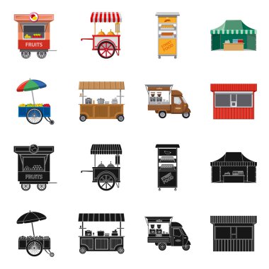 Piyasa ve dış simge vektör tasarımı. Market ve gıda hisse senedi vektör çizim seti.