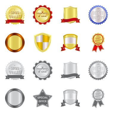 Amblem ve rozet logosu yalıtılmış nesne. Hisse senedi için amblem ve etiket vektör simge kümesi.