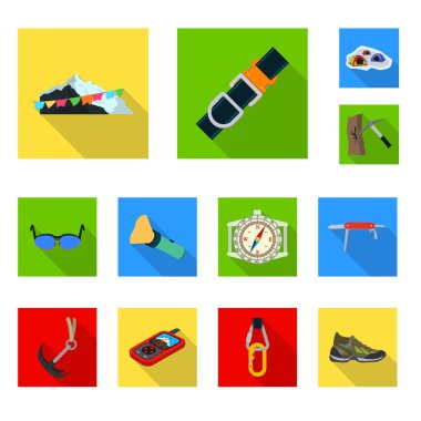 Dağcılık ve tepe logo vektör çizimi. Dağcılık ve kamp kümesi web için hisse senedi simgesi.