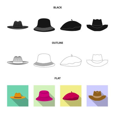 Şapkalar ve kap logo vektör tasarımı. Şapkalar ve hisse senedi için aksesuar vektör ikon koleksiyonu.