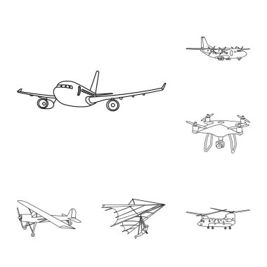 Uçak ve taşıma simgesi yalıtılmış nesne. Uçak ve gökyüzü hisse senedi vektör çizim topluluğu.