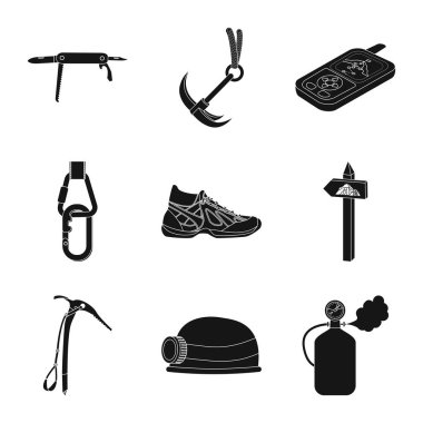 Dağcılık ve tepe logo vektör tasarımı. Dağcılık ve kamp kümesi web için hisse senedi simgesi.