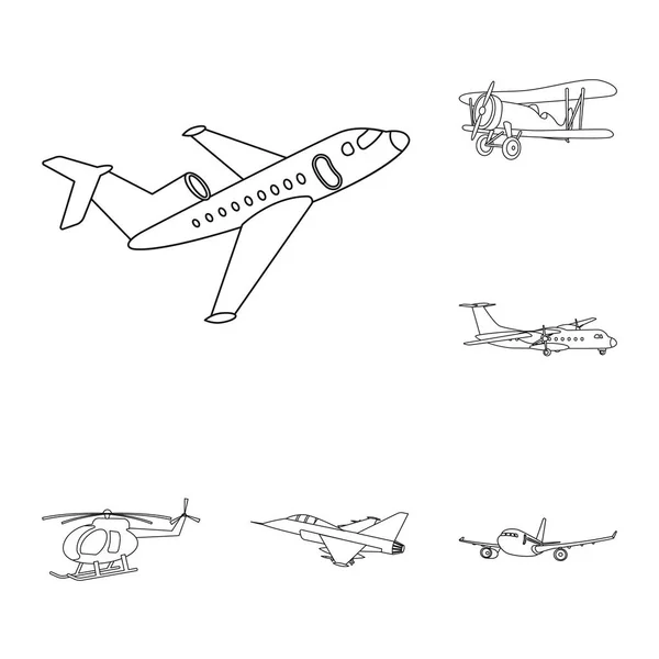 Projeto vetorial de avião e sinal de transporte. Coleção de plano e céu estoque vetor ilustração . — Vetor de Stock