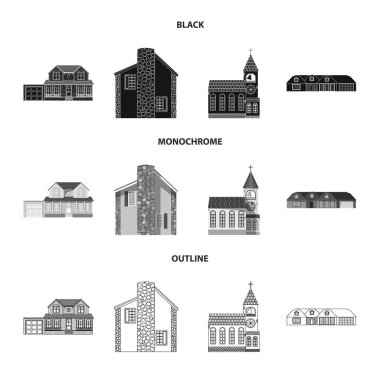 Binanın yalıtılmış nesne ve ön işareti. Bina ve çatı hisse senedi vektör çizim koleksiyonu.