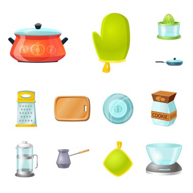 İllüstrasyon işareti mutfak ve aşçı, vektör. Mutfak ve cihaz hisse senedi vektör çizim topluluğu.