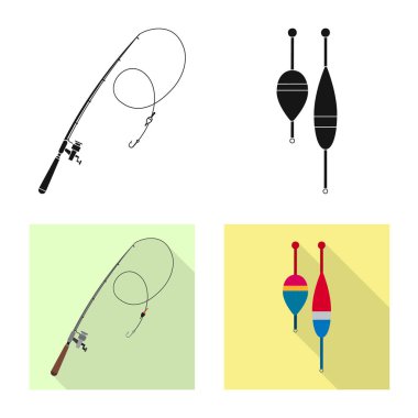 Balık ve balık tutma simgesi izole nesne. Balık ve ekipman hisse senedi vektör çizim topluluğu.