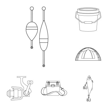 Balık ve balık tutma simge vektör Illustration. Balık ve ekipman hisse senedi vektör çizim seti.
